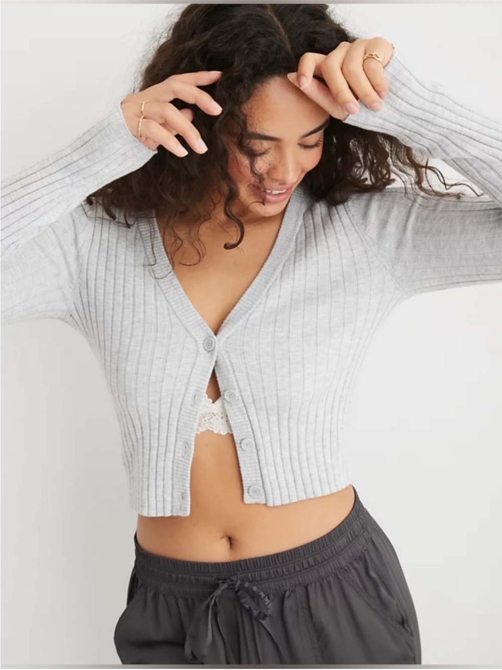 aerie Gray Ribbed Cropped V-Neck Button Cardigan Size Large